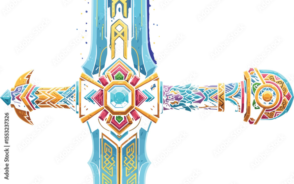 Illustration of an ornate fantasy sword with a blue gem and dragon detailing on a dark background