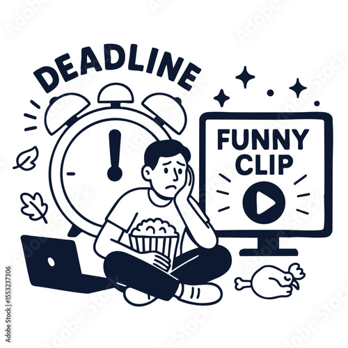 Deadline stress with funny clip, popcorn, and laptop creates humorous scene