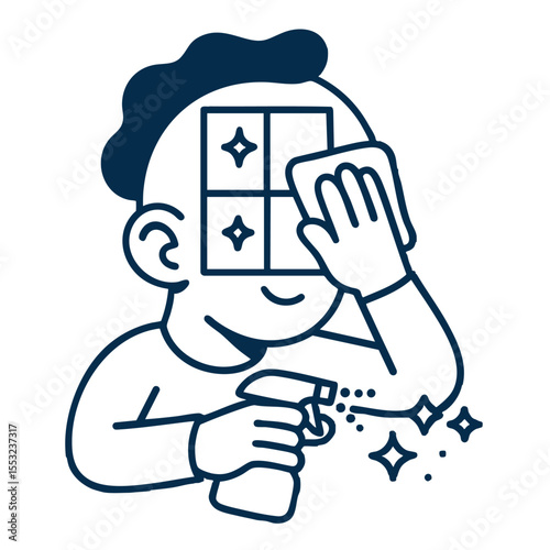 Cleaning window with spray cartoon character cheerful expression household chores cleaning