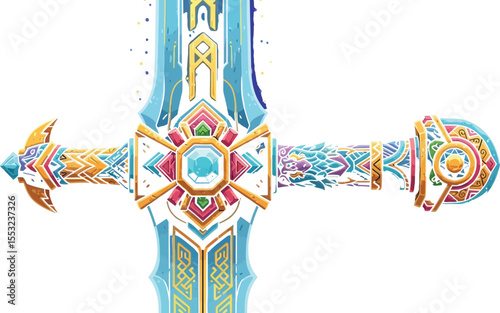 Illustration of an ornate fantasy sword with a blue gem and dragon detailing on a dark background