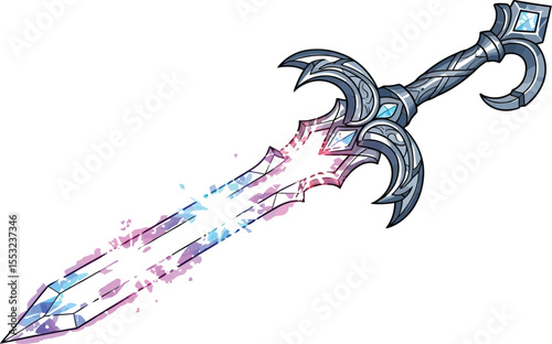 A digital illustration of a fantasy sword with a jewel encrusted hilt and a glowing blade with sparkles