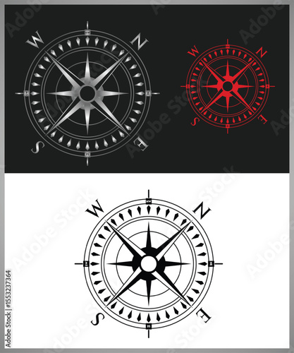 Compass Rose Variations Silver Red and Black on White Background