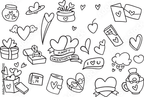 Valentine Love Doodle Vector Set, Heart and Gift Elements Sketch, Romantic Icon Collection, Cute Couple Illustration, Hand Drawn Style, Transparent Background