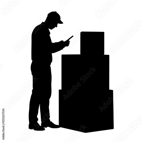 Silhouette of customs officer inspecting cargo boxes, border clearance logistics
