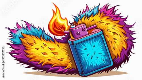 a lighter with fur, got fire, bright color White background