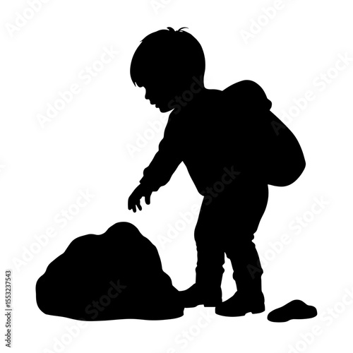 Silhouette of child picking up rock on white background, adventure and exploration