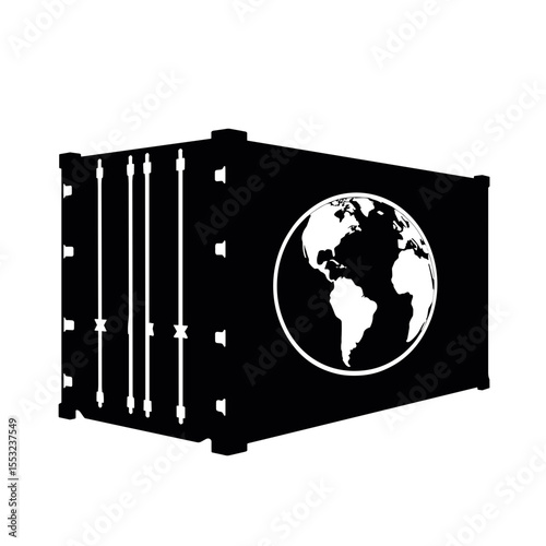 Silhouette of shipping container with globe icon, Global logistics and trade