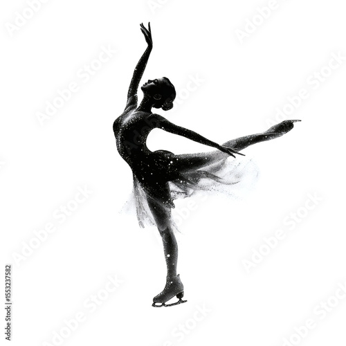 Figure Skater Silhouette in Graceful Spin, One Leg Raised, Transparent Background

