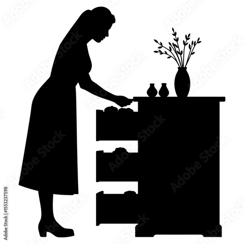 Silhouette of housekeeper placing items in drawers, black and white interior organization
