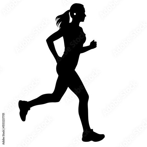 Silhouette of woman jogging with earbuds, fitness and active lifestyle concept