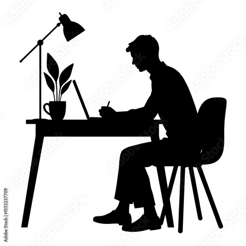 Silhouette of person studying at desk with laptop and plant, focused learning