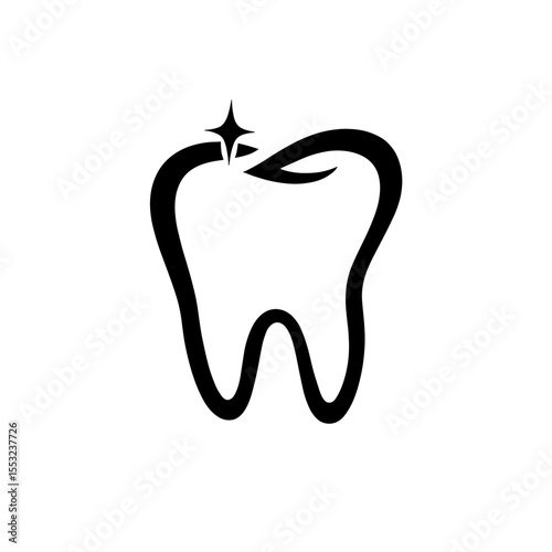 Silhouette of dental logo with outlined tooth and sparkle, oral health branding