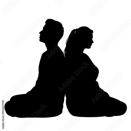 Silhouette of couple back to back on white background, relationship tension pause