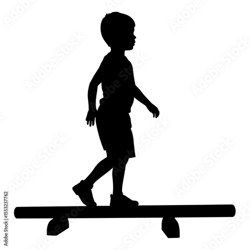 Silhouette of child balancing on beam, outdoor activity confidence