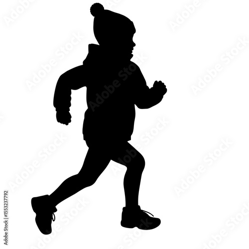 Silhouette of child running in warm clothes, winter activity and playtime