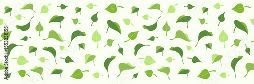 Horizontal banner mockup from Green foliage, Vector Nature ecology seamless pattern background, hand drawn flat leaves of tea, basil, lemon, mint or lilac bush, leaf template with eco abstract texture