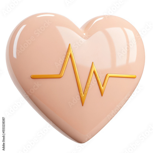 3d realistic heart with gold heartbeat isolated on transparent background