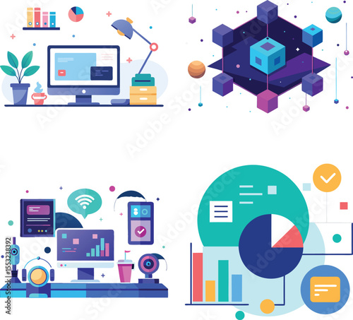 Vector art of modern workspace with computers and a robot assistant