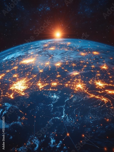 Bright sunrise over Earth from space with illuminated city lights and a starry night sky, showing connections and networks across continents