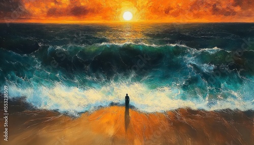 Silhouette of a person standing on the shore facing large crashing ocean waves during a vibrant orange sunset