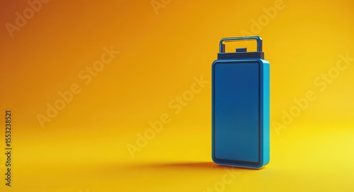 Modern blue suitcase standing upright on a vibrant yellow background with a clean minimalist design and soft shadow
