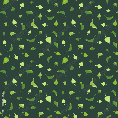 Organic hand drawn seamless pattern with green lemon, basil or mint leaves on dark background, Eco abstract foliage texture, Vector illustration for packaging, textile printing, fabric or wallpaper