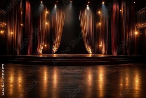 Empty stage with elegant curtains softly lit by warm spotlights reflecting on polished wooden floor, creating a dramatic and inviting atmosphere