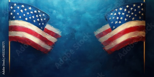 Two American flags waving against a textured blue background symbolizing patriotism and unity