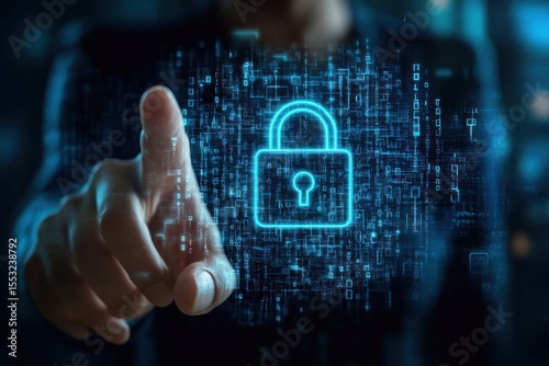 Finger pointing at glowing digital lock icon with binary code background representing cybersecurity protection and data privacy