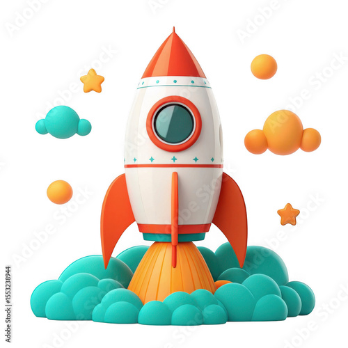3d cartoon rocket ship launching isolated on transparent background