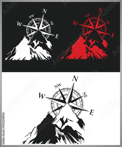 Mountains and Compass Rose in Black White and Red on Varied Backgrounds