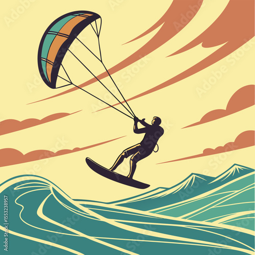 extreme sport kitesurfer silhouette jumping high