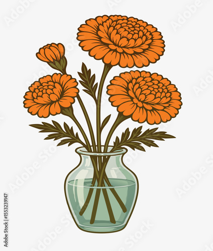 Marigolds in a Glass Vase: A clear glass vase holding a fresh bouquet of orange and yellow marigolds, with realistic light reflections on the glass and stems visible through the water.