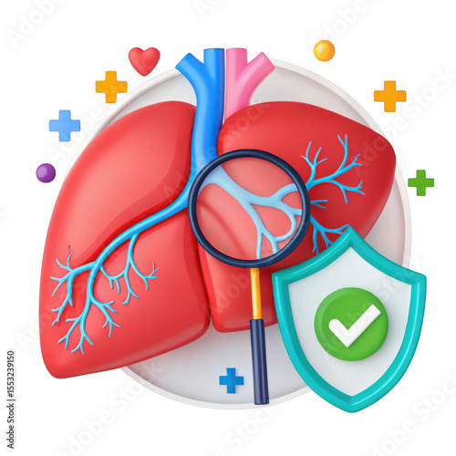3d cartoon liver with magnifying glass and shield isolated on transparent background