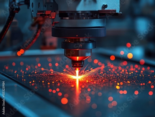 Close-up of a precision laser cutting machine emitting bright orange sparks on a metal surface with high-tech industrial background and cool blue lighting