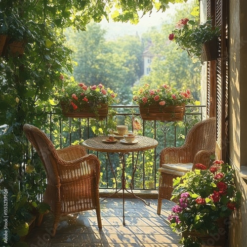 Cozy sunlit balcony with wicker chairs and a small round table set for tea surrounded by lush green plants and colorful flowers overlooking a leafy view