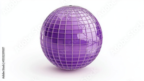 Glossy purple globe with continents under metallic silver grid lines on a white background symbolizing global network and connectivity