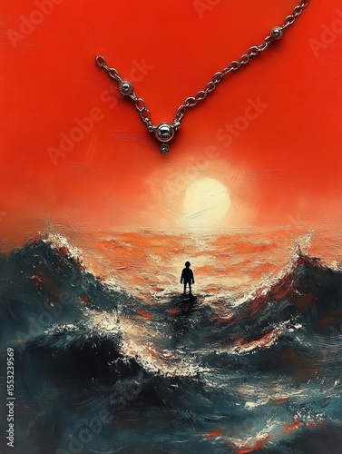 Silhouette of a person standing on textured waves under a large sun with an orange sky and a metallic chain forming a V shape at the top