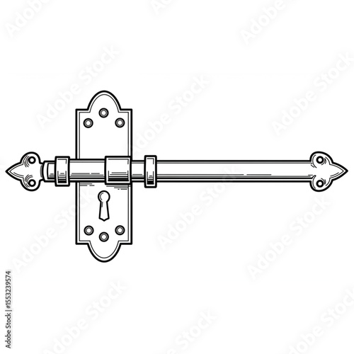 Detailed drawing showcasing an antique door bolt, suitable for architectural designs or historical themed graphics with its refined and ornate style.
