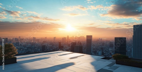 Sunrise over a vast city skyline viewed from an empty rooftop terrace with planted greenery and soft morning light