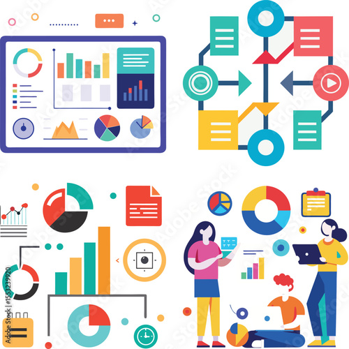 Vector art of colorful charts and diagrams illustrate business data analysis and teamwork