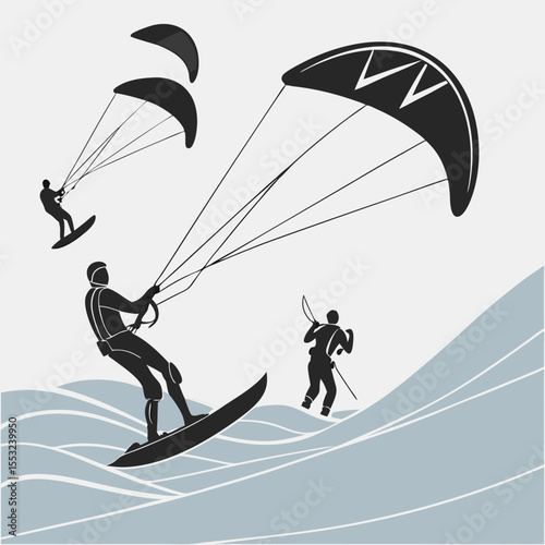 kitesurfing competition with multiple surfers silhouette