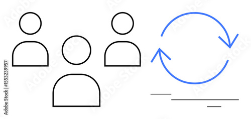 Three outlined human figures beside a circular arrow indicating workflow and teamwork. Ideal for collaboration, process improvement, team management, workflow, productivity, communication, simple