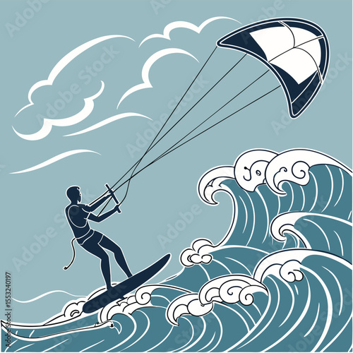 kitesurfer balancing on board in sea waves black