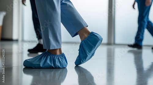 A person wearing a medical uniform and disposable shoe covers walks across a clean floor in a bright room. The concept of sterility, hygiene and professionalism in a medical or laboratory environment.