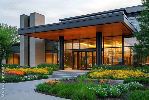 Modern building entrance with large glass windows surrounded by vibrant landscaped flower beds and greenery under a wooden overhang