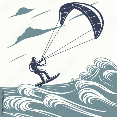 kitesurfer silhouette gliding over ocean waves