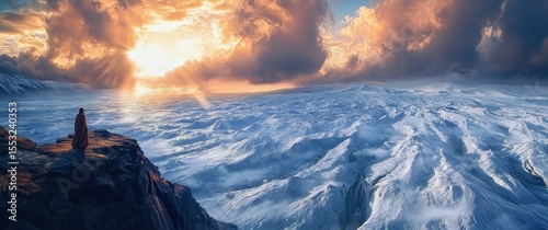 Person standing on cliff edge overlooking vast, turbulent ocean waves under dramatic, glowing sunset sky with large clouds