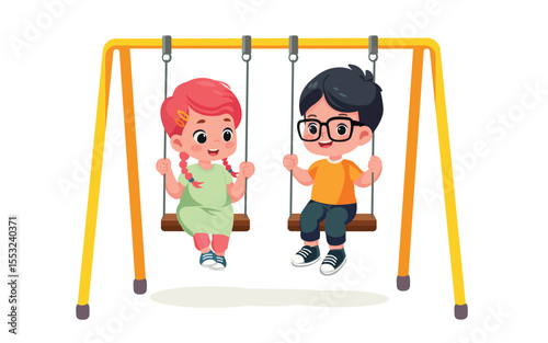 happy cute little kid boy and girl playing on a swing cartoon vector illustration