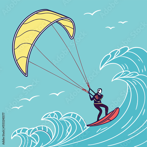 kitesurfing large kite in the sky flat vector